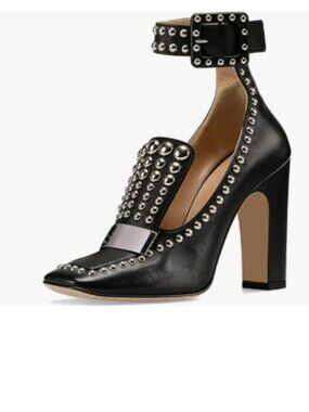 YDN Black Studded Block Heel Pumps Square Toe Ankle Strap High Heels Edgy Shoes